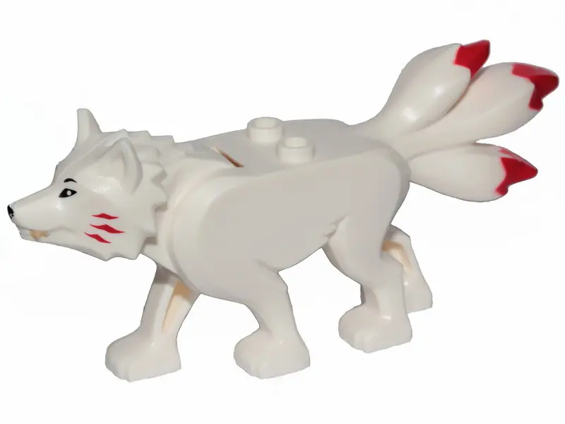 White Wolf with Black Eyes and Nose, Tan Teeth, and Red Tips on Three Tails Pattern (Ninjago Akita)