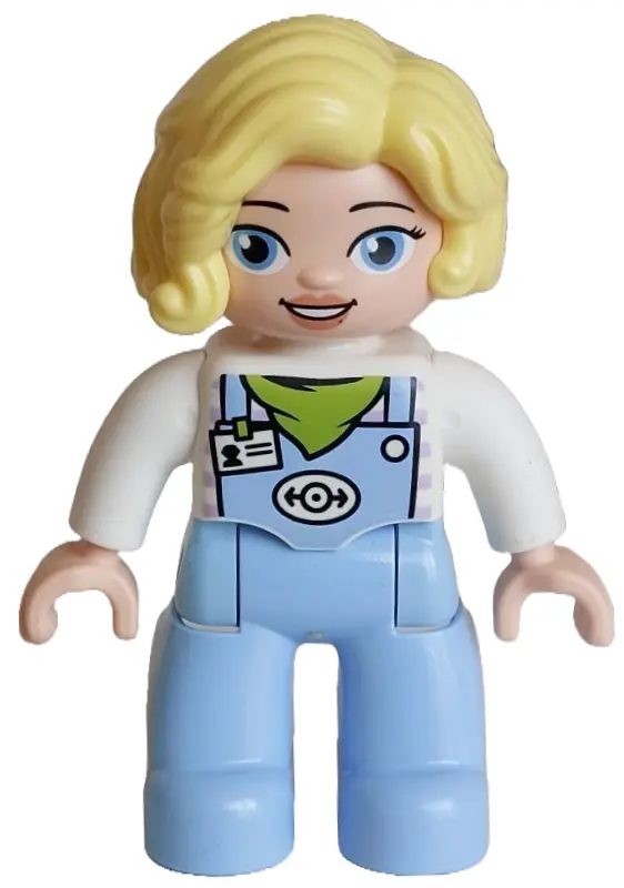 Duplo Figure Lego Ville, Female Train Driver, Bright Light Blue Legs with Overalls with Name Tag, Tr