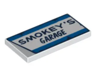 White Tile 2 x 4 with Dark Blue 'SMOKEY'S GARAGE' Pattern