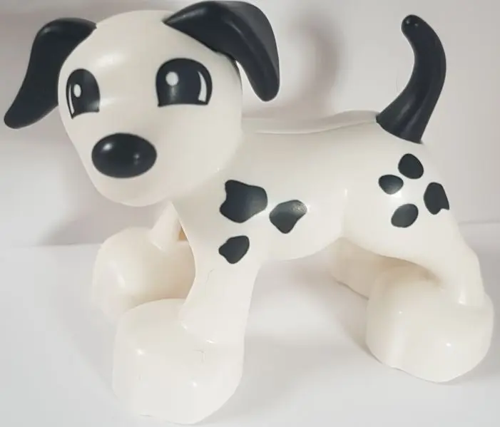 White Duplo Dog with Black Eyes, Ears, Nose, Tail, and Spots Pattern