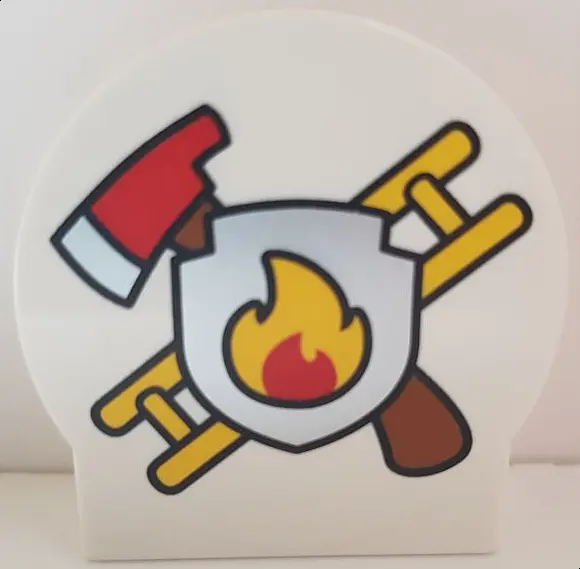 White Duplo, Brick 1 x 2 x 2 Round Top, Cut Away Sides with Crossed Fire Axe and Yellow Ladder Behin