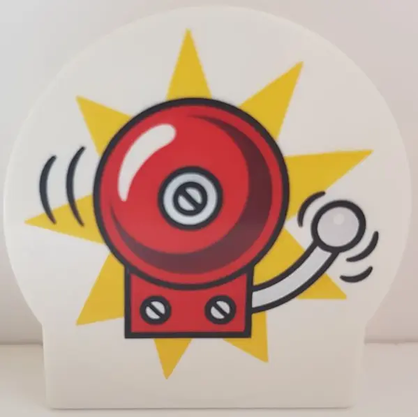 White Duplo, Brick 1 x 2 x 2 Round Top, Cut Away Sides with Ringing Red Fire Alarm Bell on Yellow St