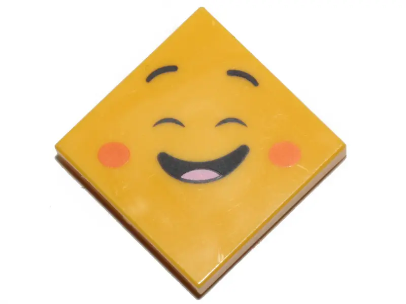 Yellow Tile 2 x 2 with Face, Cheerful, Closed Eyes, Raised Eyebrows, Orange Cheeks Pattern