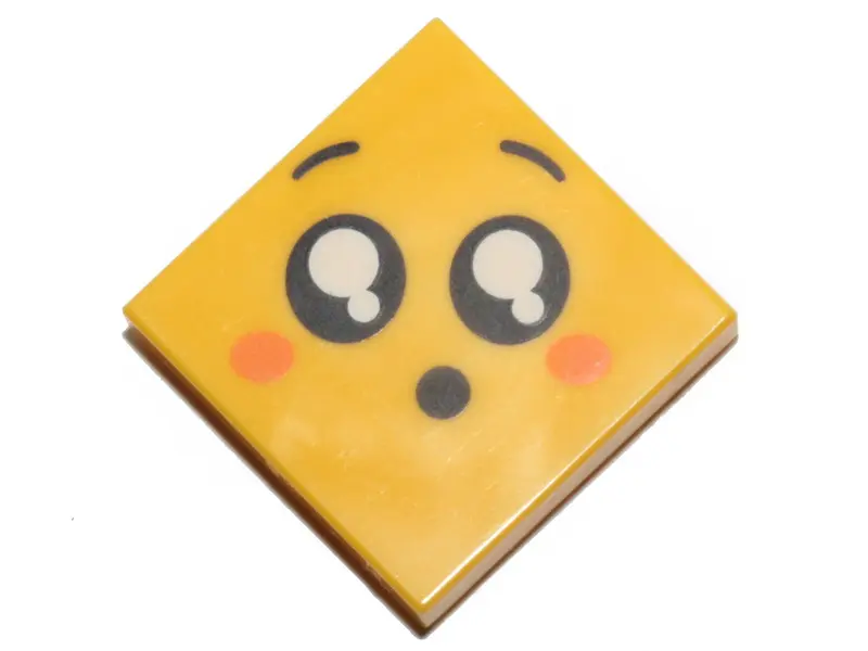 Yellow Tile 2 x 2 with Face, Surprised, Black Eyes with White Pupils, Raised Eyebrows, Orange Cheeks