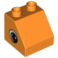 Orange Duplo, Brick 2 x 2 x 1 1/2 Slope 45 with Circled Black Eye with Arc and White Pupil Pattern o