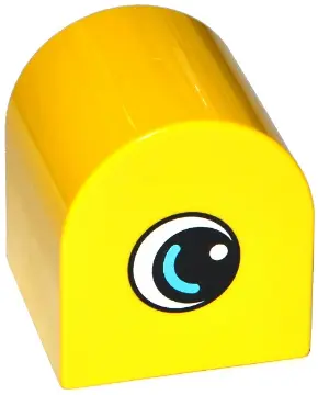 Yellow Duplo, Brick 2 x 2 x 2 Slope Curved Double with Circled Black Eye with Medium Azure Arc and W