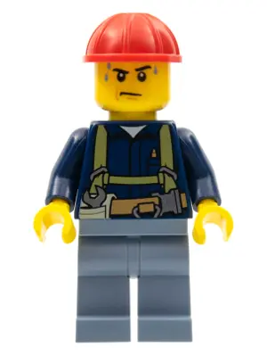 Construction Worker - Shirt with Harness and Wrench, Sand Blue Legs, Red Construction Helmet, Sweat 