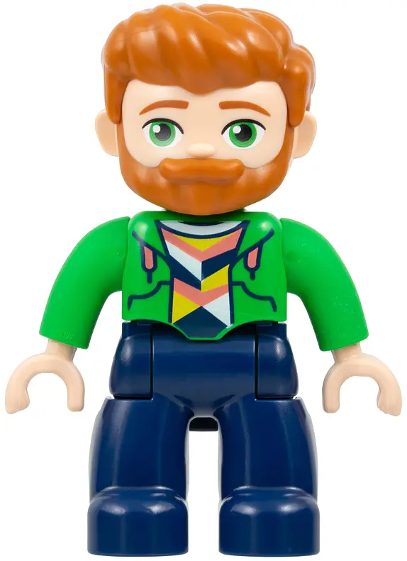 Duplo Figure Lego Ville, Male, Dark Blue Legs, Bright Green Hoodie over Coral, White and Yellow Shir