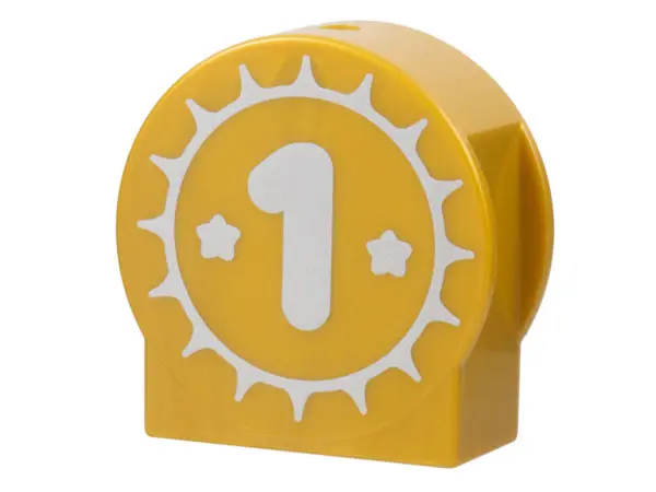 Pearl Gold Duplo, Brick 1 x 2 x 2 Round Top, Cut Away Sides with Silver Sun, Stars, and Number 1 Pat