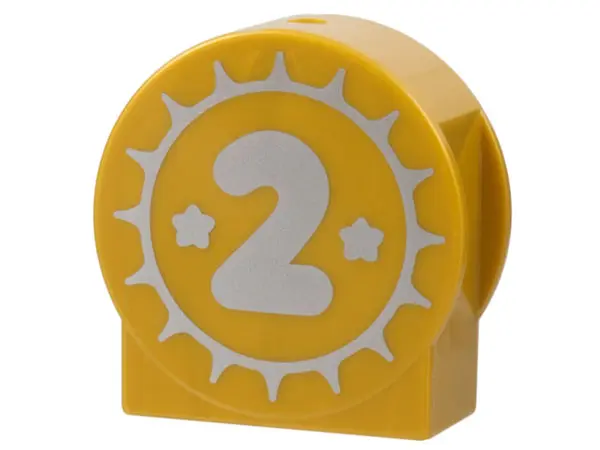 Pearl Gold Duplo, Brick 1 x 2 x 2 Round Top, Cut Away Sides with Silver Sun, Stars, and Number 2 Pat