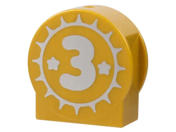 Pearl Gold Duplo, Brick 1 x 2 x 2 Round Top, Cut Away Sides with Silver Sun, Stars, and Number 3 Pat