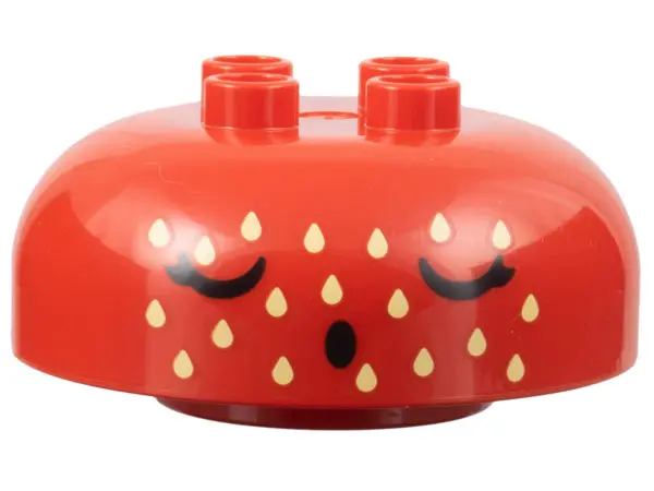 Red Duplo, Brick Round 4 x 4 Dome Top with 2 x 2 Studs with Black Closed Eyes and Mouth, Bright Ligh
