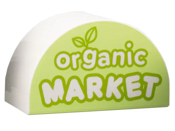 White Duplo, Brick 2 x 4 x 2 Slope Curved Double with Lime Leaves and 'organic MARKET' on Yellowish 