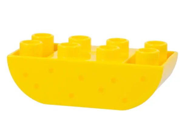 Yellow Duplo, Brick 2 x 4 Slope Curved Inverted Double with Bright Light Orange Dots Pattern