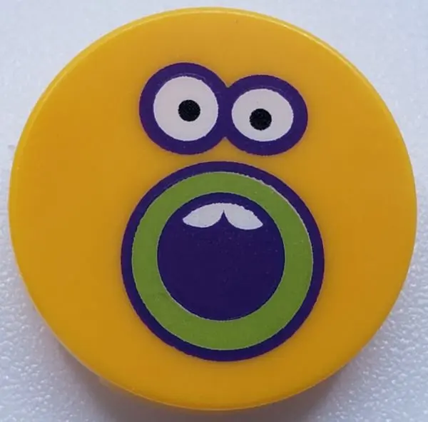 Bright Light Orange Tile, Round 2 x 2 with Bottom Stud Holder with Sunflower Face, Dark Purple and L