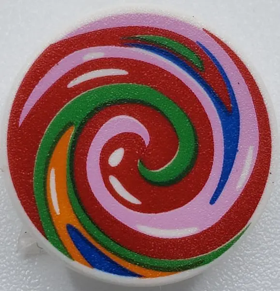 White Road Sign 2 x 2 Round with Clip with Blue, Bright Pink, Green, Orange, and Red Swirled Lollipo