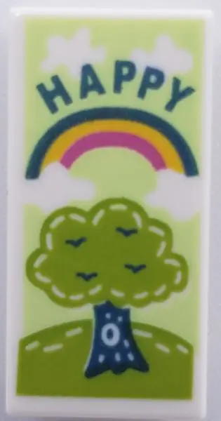 White Tile 1 x 2 with Tree, Rainbow and 'HAPPY' Pattern
