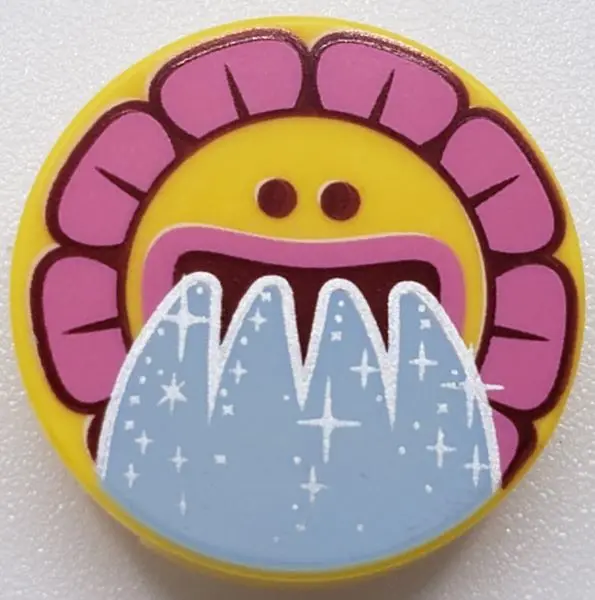 Yellow Tile, Round 2 x 2 with Bottom Stud Holder with Sunflower Face, Dark Pink Flakes and Water Pou