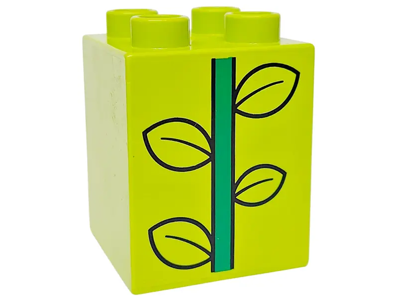 Lime Duplo, Brick 2 x 2 x 2 with Green Stem and 4 Black Outlined Leaves Pattern