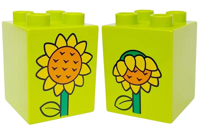Lime Duplo, Brick 2 x 2 x 2 with Stem, Leaf and Orange and Yellow Sunflower Pattern on Both Sides