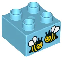 Medium Azure Duplo, Brick 2 x 2 with Two Bees Pattern