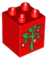Red Duplo, Brick 2 x 2 x 2 with Green Vine with 3 Red Tomatoes Pattern