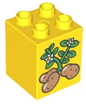 Yellow Duplo, Brick 2 x 2 x 2 with Three Potatoes with Vines and Flowers Pattern
