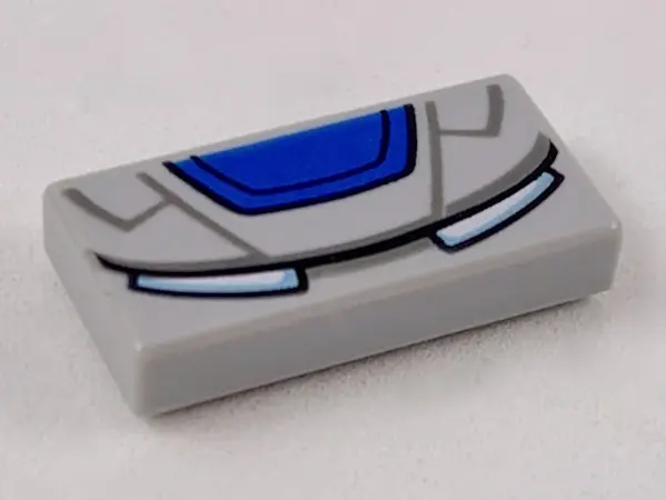 Light Bluish Gray Tile 1 x 2 with Blue Trapezoid, Dark Bluish Gray Lines and Metallic Light Blue Eye