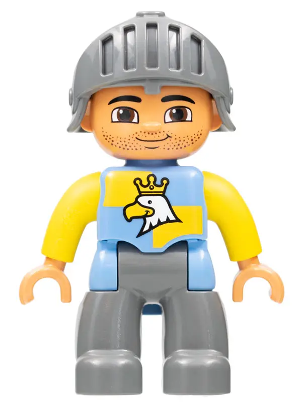 Duplo Figure Lego Ville, Male Castle, Dark Bluish Gray Legs, Blue and Yellow Chest with Crowned Eagl
