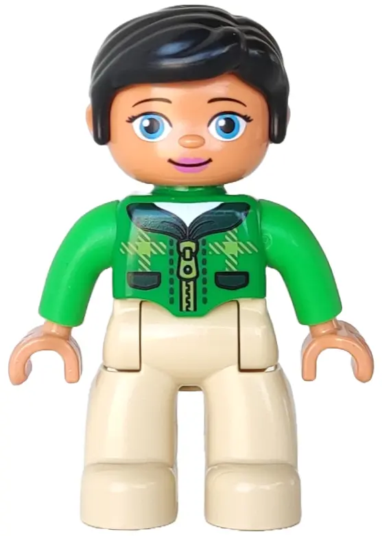Duplo Figure Lego Ville, Female, Tan Legs, Green Top with Tartan Plaid and Zipper, Bright Green Arms