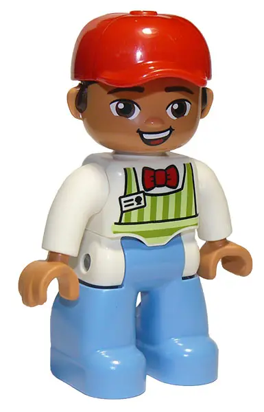 Duplo Figure Lego Ville, Male, Medium Blue Legs, Lime Striped Apron, Red Bow Tie, Dark Brown Hair, R