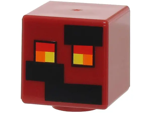 Dark Red Minifigure, Head, Modified Cube with Pixelated Black Rectangles and Red, Orange, and Yellow