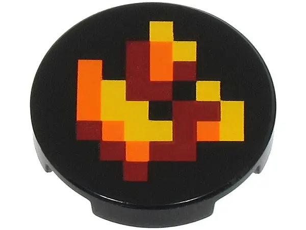 Black Tile, Round 2 x 2 with Bottom Stud Holder with Pixelated Dark Red, Orange and Yellow Fire Patt