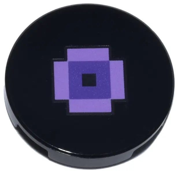 Black Tile, Round 2 x 2 with Bottom Stud Holder with Pixelated Medium Lavender Rectangles and Dark P