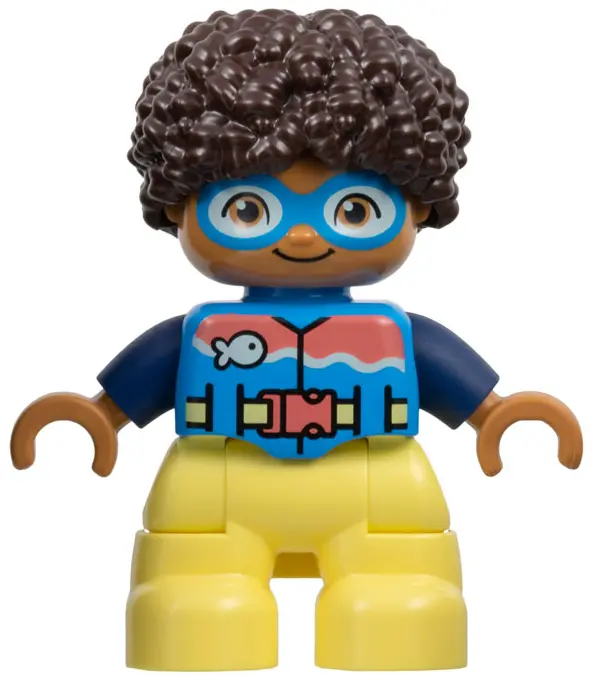 Duplo Figure Lego Ville, Child Boy, Bright Light Yellow Legs, Dark Azure Vest and Goggles, Dark Blue