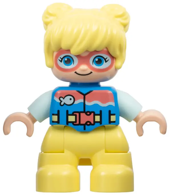 Duplo Figure Lego Ville, Child Girl, Bright Light Yellow Legs and Hair, Dark Azure Vest, Dark Pink G