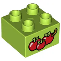 Lime Duplo, Brick 2 x 2 with 3 Red Apples and Worm Pattern