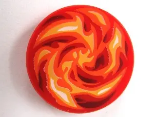 Red Tile, Round 2 x 2 with Bottom Stud Holder with Dark Red, Orange, Red, White and Yellow Swirled F