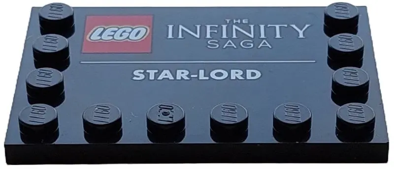 Black Tile, Modified 4 x 6 with Studs on Edges with 'THE INFINITY SAGA' and 'STAR-LORD' Pattern