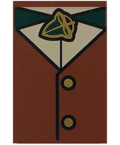Reddish Brown Tile 2 x 3 with Tan Shirt, Dark Green Acorn and 2 Gold Coat Buttons Pattern (BrickHead