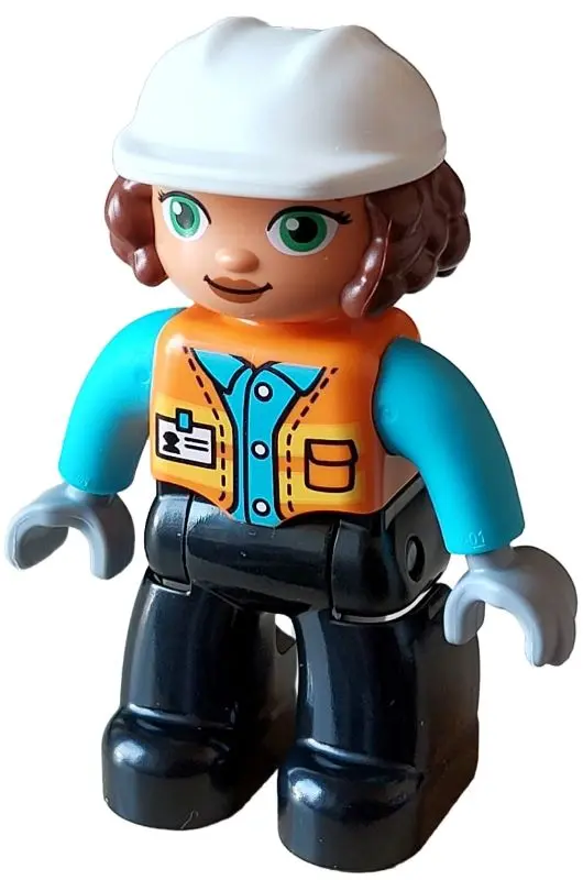 Duplo Figure Lego Ville, Female, Black Legs, Orange Vest with Name Tag and Pocket Pattern, Medium Az