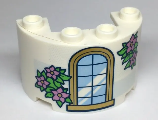 White Cylinder Half 2 x 4 x 2 with 1 x 2 Cutout with Gold Trim Window and Green Leaves with Metallic
