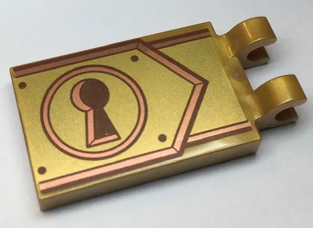 Pearl Gold Tile, Modified 2 x 3 with 2 Clips with Reddish Brown Keyhole on Copper and Gold Clasp Pat