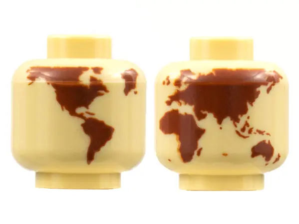 Tan Minifigure, Head without Face with Reddish Brown Globe World Map without Japan and Hawaii Patter