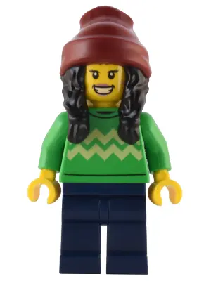 Holiday Shopper - Female, Bright Green Sweater with Bright Light Yellow Zigzag Lines, Dark Blue Legs