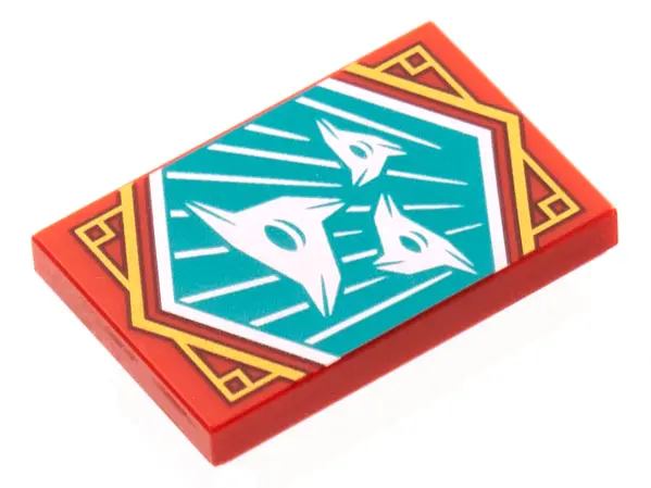 Red Tile 2 x 3 with White 3-Pointed Shuriken Throwing Stars on Dark Turquoise Background with Gold T