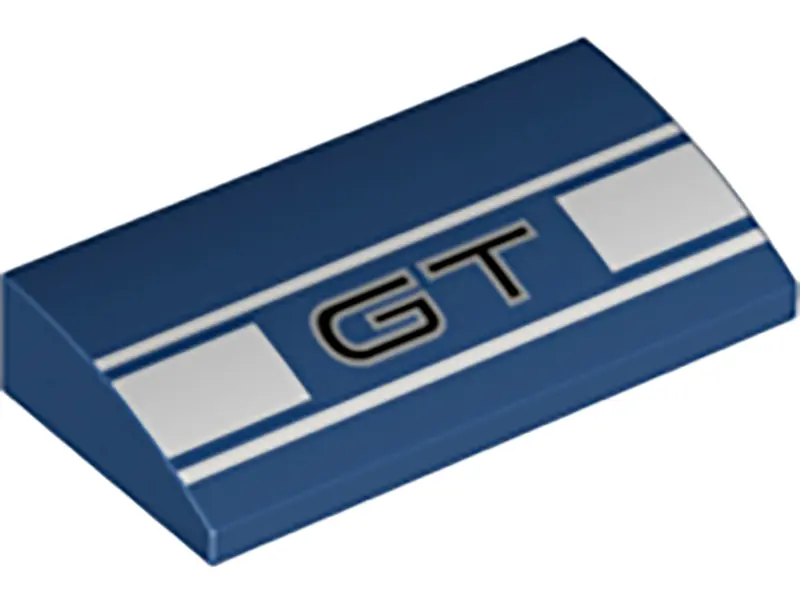 Dark Blue Slope, Curved 2 x 4 x 2/3 with Bottom Tubes with 'GT' and White Stripes Pattern
