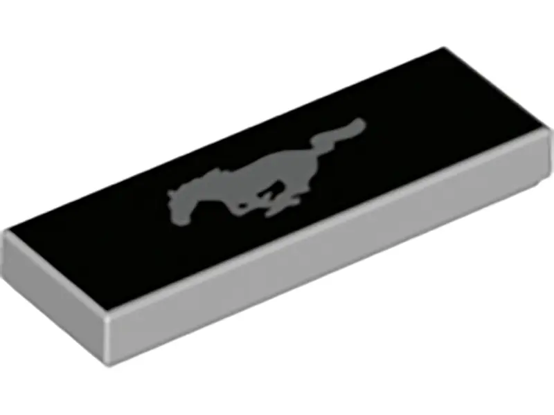 Light Bluish Gray Tile 1 x 3 with Silver Ford Mustang Logo on Black Background Pattern