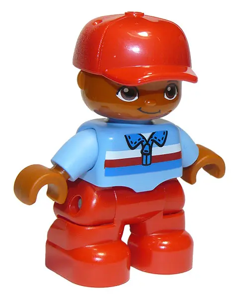 Duplo Figure Lego Ville, Child Boy, Red Legs, Medium Blue Top with Zipper and Blue, Red and White St