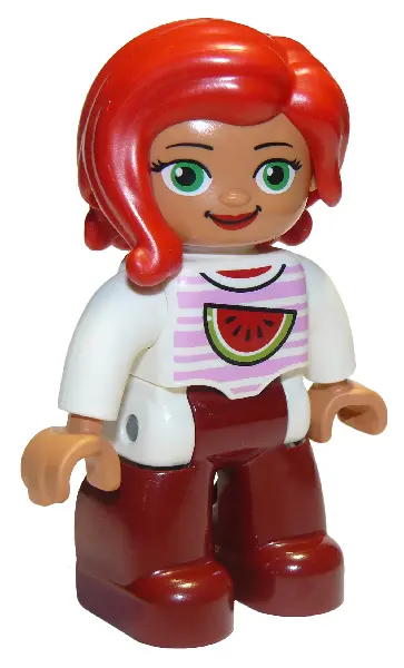 Duplo Figure Lego Ville, Female, Dark Red Legs, White Top with Bright Pink Stripes and Watermelon Pa